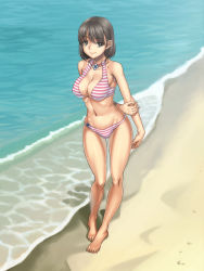 Rule 34 | 1girl, anegasaki nene, arm behind back, barefoot, beach, bikini, black eyes, black hair, breasts, brown eyes, brown hair, cleavage, day, feet, female focus, full body, highres, holding own arm, large breasts, legs, looking at viewer, love plus, matching hair/eyes, mole, mole under eye, nature, navel, outdoors, sand, short hair, skindentation, smile, solo, standing, striped bikini, striped clothes, swimsuit, syunzou, thighs, toenails, toes, water