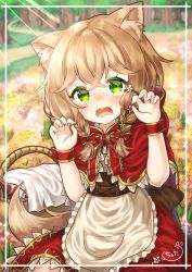 Rule 34 | 1girl, absurdres, animal ear fluff, animal ears, apron, blurry, bottle, bow, braid, brown hair, capelet, claw pose, corset, crying, crying with eyes open, depth of field, dirt road, fangs, field, flower, flower field, forest, green eyes, hair bow, highres, hood, hood down, hooded capelet, little red riding hood, nature, original, picnic basket, red capelet, red skirt, road, rural, short hair, skirt, tail, tears, tree, tsukito cheta, twin braids, wine bottle, wolf ears, wolf tail, wrist cuffs