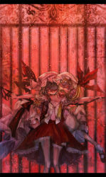 Rule 34 | 2girls, bad id, bad pixiv id, black sclera, blood, blood sucking, colored sclera, covering privates, covering face, covering own eyes, fangs, female focus, flandre scarlet, guro, hat, lastdark, letterboxed, multiple girls, nail, nosebleed, outstretched arms, remilia scarlet, siblings, sisters, spread arms, touhou, vampire