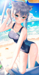 Rule 34 | 1girl, absurdres, animal ear fluff, animal ears, bare arms, bare legs, bare shoulders, barefoot, beach, beach towel, bird, blue archive, blue eyes, blue one-piece swimsuit, blue sky, breasts, bright pupils, cleavage, cloud, collarbone, competition swimsuit, cooler, covered navel, crab, day, earrings, grey hair, halo, highres, jewelry, li se, looking at viewer, medium breasts, mismatched pupils, ocean, official alternate costume, one-piece swimsuit, outdoors, shiroko (blue archive), shiroko (swimsuit) (blue archive), short hair, side ponytail, sky, solo, stud earrings, swimsuit, thighs, towel, water, wet, wet clothes, wet swimsuit, wolf ears