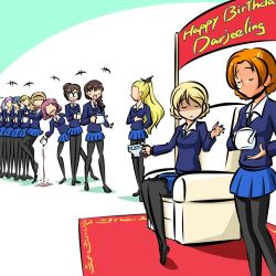 Rule 34 | +++, 10s, 6+girls, armchair, assam (girls und panzer), black footwear, black neckwear, black pantyhose, black ribbon, blonde hair, blouse, blue eyes, blue skirt, blue sweater, braid, braided bun, brown hair, chair, character name, closed eyes, closed mouth, commentary, crown braid, cup, darjeeling (girls und panzer), dress shirt, english text, extra, faceless, faceless female, gesture, girls und panzer, glasses, hair bun, hair over shoulder, hair ribbon, happy birthday, holding, holding cup, kogane (staygold), loafers, long sleeves, looking at another, looking back, lowres, miniskirt, multiple girls, necktie, nilgiri (girls und panzer), no mouth, orange hair, orange pekoe (girls und panzer), pantyhose, parted bangs, pleated skirt, red carpet, red hair, ribbon, rosehip (girls und panzer), round eyewear, rukuriri (girls und panzer), school uniform, shirt, shoes, short hair, single braid, sitting, skirt, smile, spilling, st. gloriana&#039;s school uniform, standing, sweater, teacup, teapot, twin braids, v-neck, white shirt, wing collar