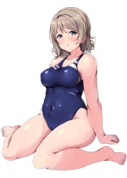 Rule 34 | 1girl, absurdres, alternate costume, blue eyes, blue one-piece swimsuit, breasts, cameltoe, collarbone, competition swimsuit, covered navel, grey hair, highres, love live!, love live! sunshine!!, medium breasts, one-piece swimsuit, shinonon (iso shino), short hair, simple background, sitting, solo, swimsuit, wariza, watanabe you, white background
