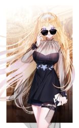 Rule 34 | 1girl, adjusting eyewear, ahobxone, bare shoulders, black dress, blonde hair, blue eyes, breasts, cleavage, cowboy shot, dress, earrings, floating hair, floral print, grin, hololive, hololive english, holster, jewelry, large breasts, long hair, long sleeves, looking at viewer, outside border, see-through, short dress, smile, solo, sunglasses, thigh holster, tiara, twitter username, very long hair, virtual youtuber, watson amelia, watson amelia (3rd costume)
