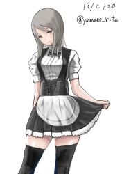 Rule 34 | 1girl, alternate costume, apron, arm behind back, black bow, black bowtie, black dress, black thighhighs, bow, bowtie, brown eyes, brown hair, closed mouth, commentary, corset, dated, dress, enmaided, girls und panzer, head tilt, highres, long hair, looking at viewer, maid, mika (girls und panzer), one-hour drawing challenge, puffy short sleeves, puffy sleeves, short dress, short sleeves, simple background, skindentation, skirt hold, smile, solo, standing, thighhighs, twitter username, waist apron, white apron, white background, yamano rita, zettai ryouiki