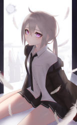 Rule 34 | 1girl, absurdres, arms behind back, black jacket, black necktie, black skirt, blush, breasts, closed mouth, feathers, feet out of frame, girls&#039; frontline, grey hair, highres, jacket, long hair, long sleeves, looking at viewer, m200 (girls&#039; frontline), necktie, open clothes, open jacket, purple eyes, shirt, side ponytail, simple background, sitting, skirt, small breasts, solo, thomas 8000, white feathers, white shirt