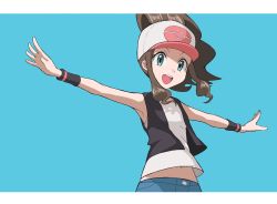 Rule 34 | 1girl, :d, armpits, baseball cap, black vest, brown hair, commentary, creatures (company), denim, denim shorts, eyelashes, game freak, hat, high ponytail, highres, hilda (pokemon), koniko (525lj), long hair, looking down, midriff, midriff peek, navel, nintendo, open mouth, outstretched arms, pokemon, pokemon bw, shirt, shorts, sidelocks, sleeveless, sleeveless shirt, smile, solo, symbol-only commentary, teeth, tongue, upper teeth only, vest, white shirt, wristband