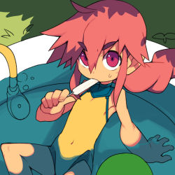 Rule 34 | 1girl, ahoge, arm support, covered navel, female focus, flat chest, food, hose, korone (metata), leotard, looking at viewer, metata, navel, original, outdoors, partially submerged, pink eyes, pink hair, popsicle, sidelocks, solo, sunlight, wading pool, water, yellow leotard