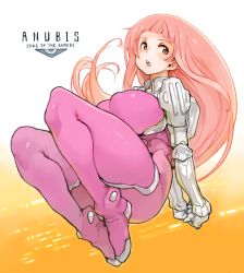 Rule 34 | 1girl, arms behind back, bodysuit, breasts, commentary request, covered erect nipples, gloves, ken marinaris, large breasts, legs, long hair, looking to the side, midair, open mouth, pink hair, red eyes, sachito, solo, thick thighs, thighs, very long hair, zone of the enders, zone of the enders 2