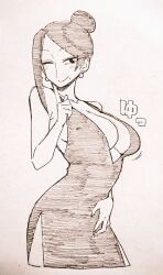Rule 34 | 1girl, arched back, asymmetrical bangs, backless dress, backless outfit, bare shoulders, bijin onna joushi takizawa-san, black eyes, black hair, blush, bouncing breasts, breasts, cleavage, collarbone, curvy, dress, earrings, eyebrows, female focus, finger to cheek, hair bun, hand on own stomach, hourglass, japanese text, jewelry, large breasts, legs, long bangs, looking at viewer, mole, mole under mouth, monochrome, one eye closed, parted bangs, pen (medium), sagging breasts, sideboob, smile, solo, solo focus, standing, takizawa kyouko, thighs, traditional media, underboob, yan-baru