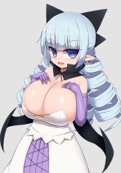 Rule 34 | 1girl, blue eyes, blue hair, borrowed character, bow, breast suppress, breasts, cleavage, dress, drill hair, elbow gloves, fang, gloves, grey background, hair bow, highres, huge breasts, looking at viewer, open mouth, original, sawati, simple background, solo, twin drills, twintails, uni (arekishi)