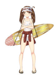 Rule 34 | 10s, 1girl, absurdres, alternate costume, brown eyes, brown hair, clothes around waist, crossed arms, flight deck, highres, jacket, jacket around waist, kantai collection, long hair, one-piece swimsuit, reon-shi, ryuujou (kancolle), sandals, simple background, surfboard, swimsuit, twintails, visor cap