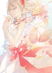 Rule 34 | 1girl, alice margatroid, alternate costume, blonde hair, bow, dress, closed eyes, flower, from side, hairband, highres, neck ribbon, profile, red bow, red ribbon, ribbon, short hair, sleeveless, sleeveless dress, solo, tecoyuke, touhou, wind