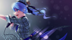 Rule 34 | 1girl, absurdres, ascot, beret, black choker, blue ascot, blue eyes, blue hair, blue nails, choker, commentary request, gloves, glowstick, hat, highres, holding, holding microphone, hololive, hoshimachi suisei, hoshimachi suisei (1st costume), jacket, microphone, nail polish, open mouth, otk, partially fingerless gloves, plaid, plaid jacket, solo focus, star (symbol), star in eye, symbol in eye, virtual youtuber