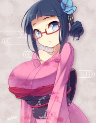 Rule 34 | 1girl, blue eyes, blue hair, blueberry (5959), breasts, flower, glasses, hair flower, hair ornament, hat, japanese clothes, kimono, large breasts, lips, looking at viewer, matching hair/eyes, open mouth, original, red-framed eyewear, short hair, signature, solo