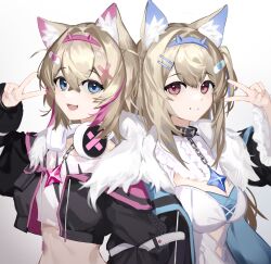 Rule 34 | 2girls, absurdres, animal ear fluff, animal ears, belt collar, black collar, black jacket, blonde hair, blue eyes, blue hair, breasts, cine (wazd0183), cleavage, closed mouth, collar, cropped jacket, cropped shirt, dog ears, dog girl, fang, fur-trimmed jacket, fur trim, fuwamoco, fuwawa abyssgard, fuwawa abyssgard (1st costume), hair ornament, hairpin, headphones, headphones around neck, highres, hololive, hololive english, jacket, large breasts, long hair, looking at viewer, medium hair, mococo abyssgard, mococo abyssgard (1st costume), multicolored hair, multiple girls, open mouth, pink hair, shirt, siblings, skin fang, small breasts, smile, streaked hair, twins, two side up, v, virtual youtuber, white shirt, x hair ornament