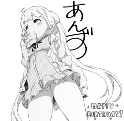 Rule 34 | 1girl, :&lt;, ahoge, blush, cardigan, character name, commentary request, cowboy shot, dress, from below, futaba anzu, greyscale, happy birthday, idolmaster, idolmaster cinderella girls, idolmaster cinderella girls starlight stage, long hair, low twintails, minazuki tooru, monochrome, off shoulder, open cardigan, open clothes, panties, simple background, sleeves past fingers, sleeves past wrists, solo, twintails, underwear, upskirt