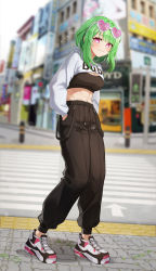 Rule 34 | 1girl, abs, absurdres, black pants, black sports bra, blurry, blurry background, blush, breasts, bub shoku, cleavage, commentary, cropped sweater, crosswalk, english commentary, eyewear on head, fang, full body, green hair, gya (144), hands in pockets, heart, heart-shaped eyewear, highres, indie virtual youtuber, medium breasts, medium hair, midriff, navel, pants, pink-tinted eyewear, pink eyes, ringed eyes, second-party source, shoes, skin fang, sneakers, solo, sports bra, suspenders hanging, tinted eyewear, toned, virtual youtuber, white-framed eyewear