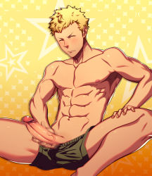 Rule 34 | 10s, 1boy, abs, blonde hair, blush, erection, hand on penis, highres, lvlv, male focus, masturbation, muscular, nipples, penis, penis grab, persona, persona 5, sakamoto ryuuji, sitting, solo, sweat, topless male, underwear, undressing, wince
