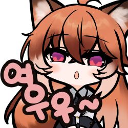 Rule 34 | 1girl, ahoge, animal ear fluff, animal ears, black ribbon, black skirt, blush, brown hair, chibi, collared shirt, copyright request, dokomon, fox ears, hair between eyes, highres, korean commentary, long hair, long sleeves, looking at viewer, neck ribbon, parted lips, purple eyes, ribbon, shirt, simple background, skirt, solo, translation request, very long hair, white background, white shirt