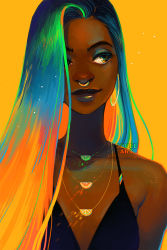 Rule 34 | 1girl, artist name, blue eyeshadow, blue hair, breasts, closed mouth, commentary, dark-skinned female, dark skin, earrings, english commentary, eyeshadow, food-themed necklace, geneva bowers, green hair, hoop earrings, jewelry, long hair, looking to the side, makeup, mole, mole under eye, multicolored hair, necklace, nose piercing, nose ring, orange eyes, orange hair, original, piercing, simple background, solo, straight hair, very dark skin, watermark, yellow background