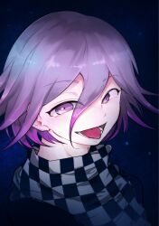 Rule 34 | 1boy, :p, blue background, checkered clothes, checkered scarf, danganronpa (series), danganronpa v3: killing harmony, flipped hair, highres, looking at viewer, lower teeth only, male focus, oma kokichi, open mouth, pink eyes, pink hair, portrait, scarf, shachoo (poco poco), short hair, smile, solo, teeth, tongue, tongue out