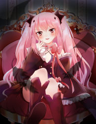 Rule 34 | 10s, 1girl, arukanu, blush, boots, chair, detached sleeves, dress, fang, feathers, frilled dress, frills, hair ribbon, hand on own cheek, hand on own face, hato no yukiji, knee boots, knee up, krul tepes, long hair, looking at viewer, neck ribbon, open mouth, owari no seraph, pink eyes, pink hair, pointy ears, ribbon, shadow, sitting, solo, striped, striped background, two side up