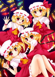 Rule 34 | 4girls, ascot, bare legs, blonde hair, bow, clone, fang, female focus, ferre, flandre scarlet, four of a kind (touhou), glowing, glowing wings, hand on own chest, hat, hat bow, looking back, multiple girls, open mouth, red eyes, short hair, side ponytail, skirt, skirt set, smile, touhou, waving, wings, wrist cuffs