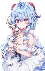 Rule 34 | 1girl, absurdres, ahoge, amaki ruto, bare shoulders, black bow, blue hair, blush, bow, bowtie, breasts, closed mouth, collarbone, commentary request, dress, dress bow, fingernails, flower, frills, ganyu (autumn pop-up store) (genshin impact), ganyu (genshin impact), genshin impact, goat horns, grey bow, hair between eyes, hair bow, hair ornament, hands up, highres, holding, holding flower, horns, large breasts, long hair, looking at viewer, multicolored eyes, off-shoulder dress, off shoulder, official alternate costume, pink eyes, ponytail, purple eyes, shadow, short sleeves, sidelocks, simple background, sitting, smile, solo, striped, striped bow, white background, white bow, white dress, white flower, x hair ornament