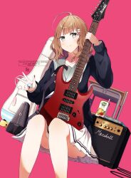 Rule 34 | 1girl, absurdres, ahoge, black shirt, blush, brown eyes, brown hair, cable, chair, closed mouth, commentary request, convenient leg, desk, electric guitar, english text, feet out of frame, grey sailor collar, guitar, hair ornament, hairclip, highres, holding, holding guitar, holding instrument, instrument, instrument case, long sleeves, nail polish, original, pink background, pleated skirt, plectrum, puffy long sleeves, puffy sleeves, red nails, sailor collar, school chair, school desk, school uniform, serafuku, shirt, simple background, sitting, skirt, sleeves past wrists, smile, solo, soranagi yuki, twitter username, w, white skirt