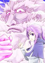 Rule 34 | 1boy, 1girl, capelet, clenched hand, clenched hands, finger gun, hood, hood down, kumoi ichirin, mouth hold, pink eyes, ponytail, purple eyes, purple hair, ryuuichi (f dragon), touhou, unzan