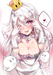 Rule 34 | 1girl, blush, boo (mario), breasts, cleavage, covering own eyes, crown, dress, frilled gloves, frills, ghost, gloves, hair between eyes, heart, heart-shaped pupils, highres, large breasts, long hair, luigi&#039;s mansion, mario (series), murabito c, new super mario bros. u deluxe, nintendo, one eye closed, open mouth, princess king boo, puffy short sleeves, puffy sleeves, red eyes, sharp teeth, short sleeves, solo, spoken heart, super crown, symbol-shaped pupils, teeth, white dress, white gloves, white hair