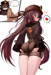 Rule 34 | 1girl, absurdres, ass, ass grab, ass support, bike shorts, blush, brown hair, cameltoe, deep skin, from behind, from below, genshin impact, hat, hat ornament, highres, hu tao (genshin impact), long hair, looking back, looking down, naeng go, red eyes, short shorts, shorts, solo focus, tongue, tongue out, twintails, very long hair