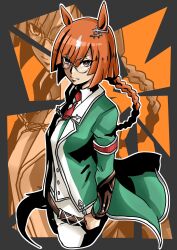 Rule 34 | 1girl, animal ears, armband, asymmetrical bangs, belt, braid, braided ponytail, breasts, brown eyes, brown hair, clenched hand, closed mouth, collared shirt, cropped legs, glasses, green jacket, high contrast, highres, horse ears, horse girl, horse tail, ikuno dictus (umamusume), jacket, long hair, long sleeves, looking at viewer, necktie, pants, popopopopo 0101, red necktie, round eyewear, shirt, small breasts, solo, tail, umamusume, vest, white pants, white shirt, white vest, zoom layer