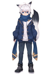 Rule 34 | absurdres, ahoge, animal ear fluff, animal ears, black footwear, black gloves, black hair, blue eyes, blue jacket, blue pants, blue scarf, closed mouth, commentary request, copyright request, drawstring, ear piercing, eyebrows hidden by hair, fingerless gloves, fox ears, fox tail, full body, gloves, gradient hair, hair between eyes, hair ornament, hairclip, highres, hood, hood down, hoodie, indie virtual youtuber, jacket, long sleeves, looking at viewer, masaki (msk064), multicolored hair, open clothes, open jacket, pants, piercing, puffy long sleeves, puffy sleeves, scarf, shoes, silver hair, simple background, sleeves past wrists, standing, tail, tail raised, virtual youtuber, white background, white hoodie