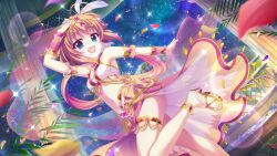 Rule 34 | 1girl, :d, ahoge, anklet, arabian clothes, arm up, armlet, armpits, blue eyes, breasts, brown hair, dancer, dot nose, dutch angle, falling petals, film grain, from side, game cg, gem, harem outfit, headdress, izumi tsubasu, jewelry, lens flare, mouth veil, navel, night, night sky, non-web source, official art, open mouth, petals, pillar, pink veil, plant, potted plant, purple gemstone, re:stage!, see-through veil, shikimiya mana, short hair, sidelocks, skirt hold, sky, small breasts, smile, solo, sparkle, standing, standing on one leg, star (sky), starry sky, stomach, thighlet, veil, wristlet