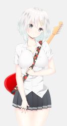 Rule 34 | 10s, 1girl, alternate costume, bad id, bad pixiv id, between breasts, blue eyes, breasts, guitar, hair ornament, hairclip, hamakaze (kancolle), heart, heart-shaped pupils, highres, instrument, kantai collection, short hair, silver hair, skirt, solo, strap between breasts, symbol-shaped pupils, yoshioka hagiji