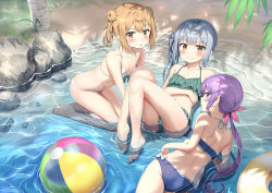 Rule 34 | 3girls, :o, akebono (kancolle), alternate costume, ass, ball, bare shoulders, beach, beachball, bikini, blush, breasts, brown eyes, brown hair, closed mouth, collarbone, commentary request, day, double bun, flower, grass, green bikini, grey hair, hair between eyes, hair bun, hair flower, hair ornament, highres, innertube, kantai collection, kasumi (kancolle), kasumi kai ni (kancolle), leaf, light brown hair, long hair, looking at viewer, looking back, lying, michishio (kancolle), multiple girls, nedia (nedia region), on back, on side, open mouth, outdoors, palm tree, ponytail, purple eyes, purple hair, rock, sand, seiza, short twintails, side ponytail, sitting, small breasts, smile, string bikini, swim ring, swimsuit, tree, twintails, very long hair, water, yellow eyes