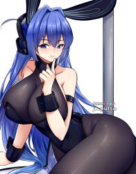 Rule 34 | 1girl, absurdres, anchor ornament, animal ears, artist name, azur lane, black leotard, black wrist cuffs, bodystocking, breasts, cleavage, fake animal ears, highres, huge breasts, jrpulse, leotard, long hair, looking at viewer, new jersey (azur lane), new jersey (exhilarating steps!) (azur lane), official alternate costume, oversized breast cup, playboy bunny, purple eyes, purple hair, rabbit ears, see-through, see-through cleavage, simple background, strapless, strapless leotard, very long hair, white background, wrist cuffs