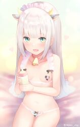 Rule 34 | 1girl, absurdres, animal ears, bell, bottle, breasts, censored, collar, cow ears, cow horns, green eyes, happy new year, headband, highres, horns, lactation, long hair, milk, milk bottle, moleshi, navel, new year, open mouth, original, small breasts, stomach, white hair