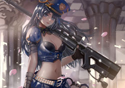 Rule 34 | 1girl, alternate costume, black hair, blue eyes, blue skirt, breasts, caitlyn (league of legends), canking, cleavage, cropped jacket, fingerless gloves, gloves, gun, hat, indoors, league of legends, lips, long hair, looking at viewer, midriff, miniskirt, officer caitlyn, over shoulder, petals, pleated skirt, police, police hat, police uniform, policewoman, puffy short sleeves, puffy sleeves, rifle, short sleeves, skirt, solo, uniform, weapon, weapon over shoulder