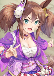 Rule 34 | 1girl, :d, animal ears, blue eyes, breasts, brown hair, commentary request, fang, fox mask, fox shadow puppet, hair between eyes, horse ears, horse girl, horse tail, inari one (umamusume), large breasts, long sleeves, looking at viewer, mask, mask on head, miri (ago550421), open mouth, sarashi, short eyebrows, signature, smile, solo, sweat, tail, tasuki, thick eyebrows, twintails, umamusume, v-shaped eyebrows