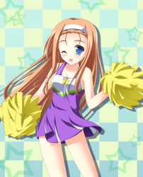 Rule 34 | 00s, 1girl, ;d, blue eyes, blush, checkered background, cheerleader, collarbone, contrapposto, dancing, dress, hairband, holding, looking at viewer, lucky star, minegishi ayano, one eye closed, open mouth, orange hair, pom pom (cheerleading), purple dress, simple background, sleeveless, sleeveless dress, smile, solo, sportswear, standing, tsuda akira
