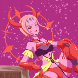Rule 34 | 1girl, benigio, breasts, colored skin, demon girl, female focus, horns, large breasts, mahou girls precure!, parted lips, pink hair, pink skin, pointy ears, precure, red eyes, short hair, sitting, solo, spread legs, tail