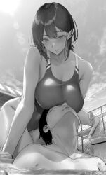 Rule 34 | 1boy, 1girl, absurdres, bare arms, bare shoulders, blush, breasts, chain-link fence, cleavage, collarbone, commentary request, fence, gentsuki, greyscale, highleg, highleg swimsuit, highres, large breasts, monochrome, one-piece swimsuit, original, outdoors, parted lips, pool, smile, swimsuit, water