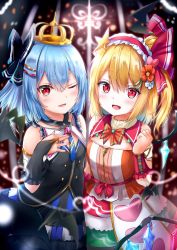 Rule 34 | 2girls, :d, ;d, alternate costume, bare shoulders, bat wings, black bow, black dress, black gloves, blonde hair, blue hair, blush, bow, bowtie, bridal gauntlets, clenched hand, commentary request, crown, crystal, dress, flandre scarlet, flower, frilled hairband, frilled shirt collar, frills, gloves, hair between eyes, hair bow, hair flower, hair ornament, hair ribbon, hairband, hairclip, hand up, lolita hairband, looking at viewer, multiple girls, nail polish, one eye closed, one side up, open mouth, orange bow, orange flower, orange neckwear, red eyes, red hairband, red nails, red ribbon, remilia scarlet, renka (cloudsaikou), ribbon, short hair, siblings, sisters, smile, touhou, wings, wrist cuffs