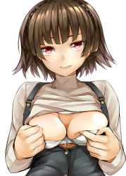 Rule 34 | 10s, 1girl, bra, braid, breasts, breasts out, brown hair, buttons, closed mouth, clothes lift, crown braid, flashing, hands on own chest, hands up, head tilt, highres, lifted by self, lips, long sleeves, looking at viewer, medium breasts, nemu (nebusokugimi), niijima makoto, persona, persona 5, red eyes, shirt, shirt lift, short hair, simple background, skindentation, smile, solo, turtleneck, underwear, upper body, white background, white bra, white shirt