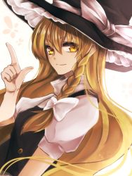 Rule 34 | 1girl, black vest, blonde hair, bow, braid, hair between eyes, hair ribbon, hat, hat bow, highres, index finger raised, kirisame marisa, long hair, looking at viewer, nico mai, puffy short sleeves, puffy sleeves, ribbon, short sleeves, single braid, smile, solo, touhou, tress ribbon, turtleneck, upper body, white bow, witch hat, yellow eyes