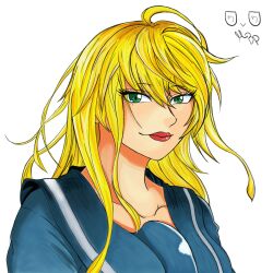 Rule 34 | 1girl, absurdres, blonde hair, commentary, delinquent, english commentary, green eyes, highres, himawari ranna, long hair, looking at viewer, rokudou no onna-tachi, rokurombp, school uniform, signature, solo, strong, sukeban, tagme, upper body