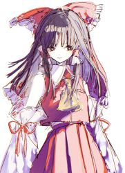 Rule 34 | 1girl, arms at sides, ascot, blunt bangs, blush, bow, brown hair, closed mouth, detached sleeves, frilled bow, frilled hair tubes, frills, hair bow, hair tubes, hakama, hakurei reimu, highres, japanese clothes, koyomiyoko o, long hair, looking at viewer, orange eyes, red bow, red hakama, red ribbon, red vest, ribbon, ribbon-trimmed sleeves, ribbon trim, sidelocks, simple background, smile, solo, touhou, upper body, vest, white background, white sleeves, yellow ascot