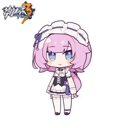 Rule 34 | 1girl, apron, black footwear, black shirt, black skirt, blush stickers, breasts, chibi, cleavage, closed mouth, copyright name, elysia (honkai impact), eta, frilled apron, frilled skirt, frills, full body, gloves, honkai (series), honkai impact 3rd, looking at viewer, low ponytail, pink hair, ponytail, puffy short sleeves, puffy sleeves, ribbon trim, shirt, shoes, short sleeves, simple background, skirt, small breasts, smile, solo, standing, thighhighs, waist apron, white apron, white background, white gloves